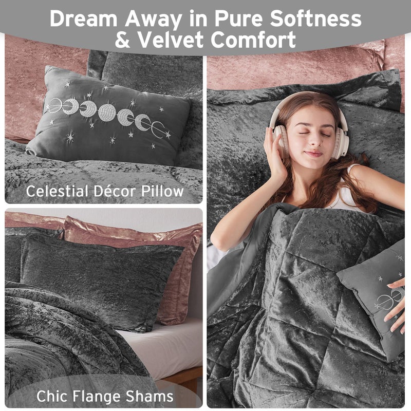 Intelligent Design Queen Duvet Cover Set, Velvet Queen Duvet Set, Luxury Diamond Quilting Grey Duvet Cover, Fluffy Duvet Cover with Decorative Pillow and 2 Shams, 4 Pieces, Grey, Full/Queen - Image 3